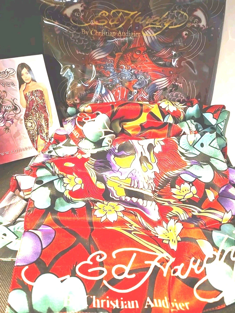 Ed Hardy Silk Scarf Skulls Signed With Zip Lock Protector Bag and Tag Card New